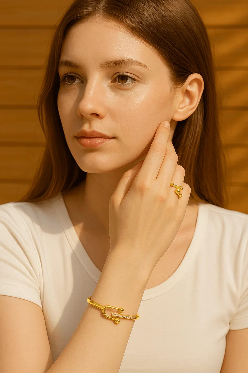 HMYORA Gold V-Logo Ring & Bangle Set