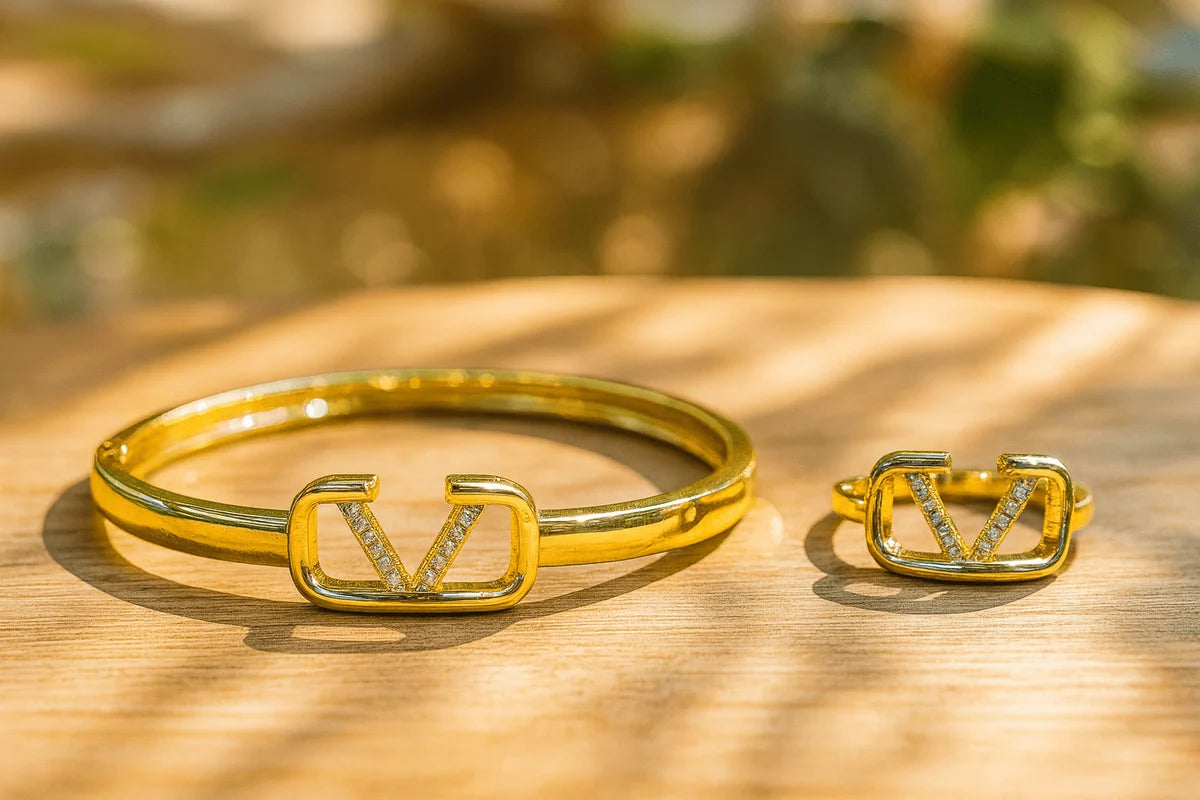 HMYORA Gold V-Logo Ring & Bangle Set