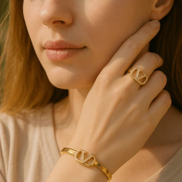 HMYORA Gold V-Logo Ring & Bangle Set