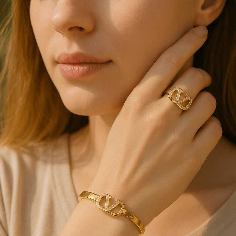 HMYORA Gold V-Logo Ring & Bangle Set