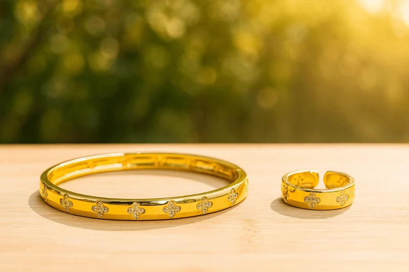 HMYORA Gold V-Logo Ring & Bangle Set