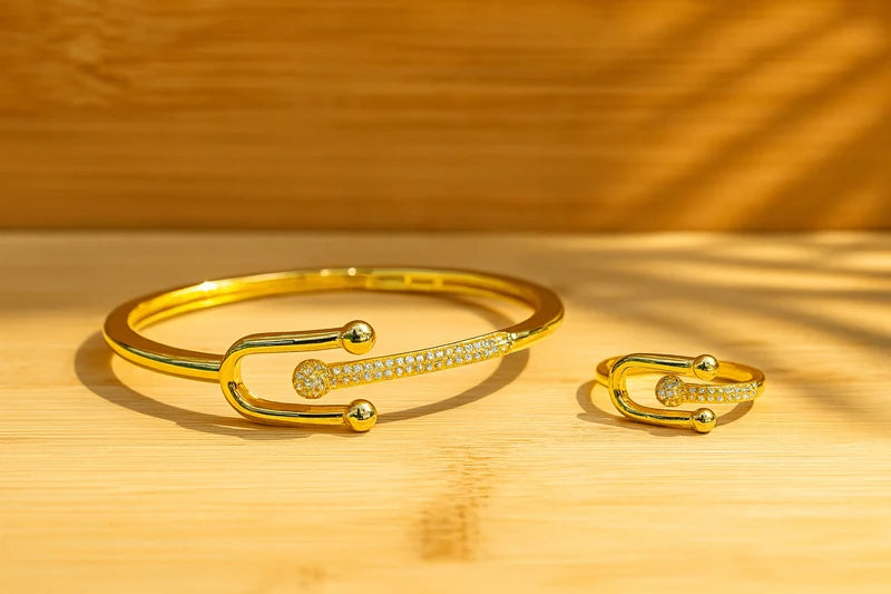 HMYORA Gold V-Logo Ring & Bangle Set