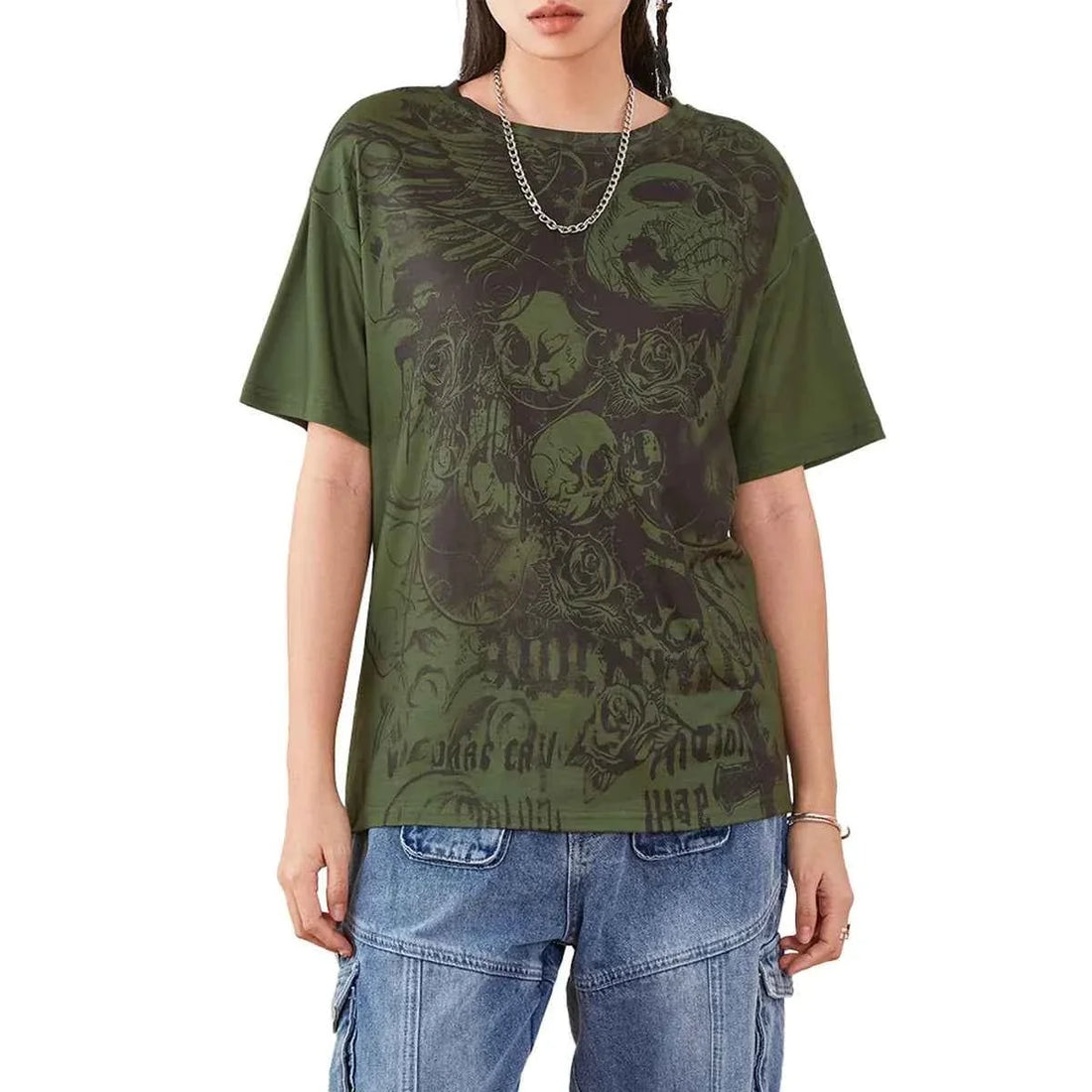 Y2K skull graphic oversized t-shirt olive green