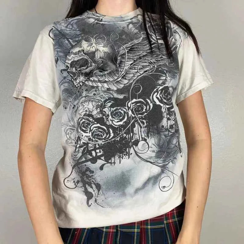 Y2K skull graphic oversized t-shirt olive green