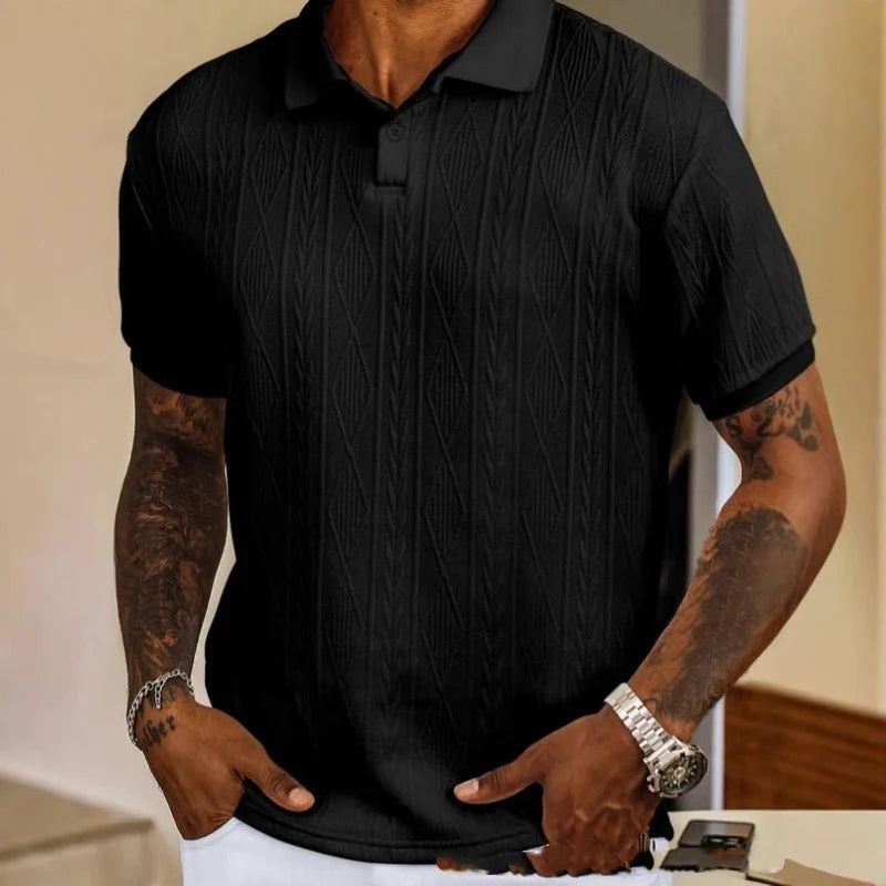 HMYORA Men's Textured Cable-Knit Black Polo Shirt