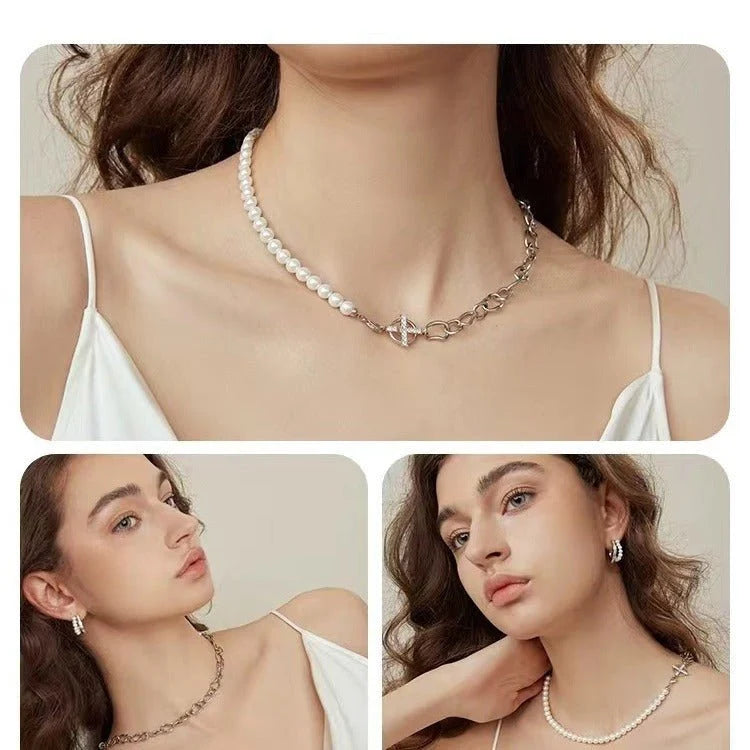 New Hoop And Pearl Chain Stitching Necklace For Women
