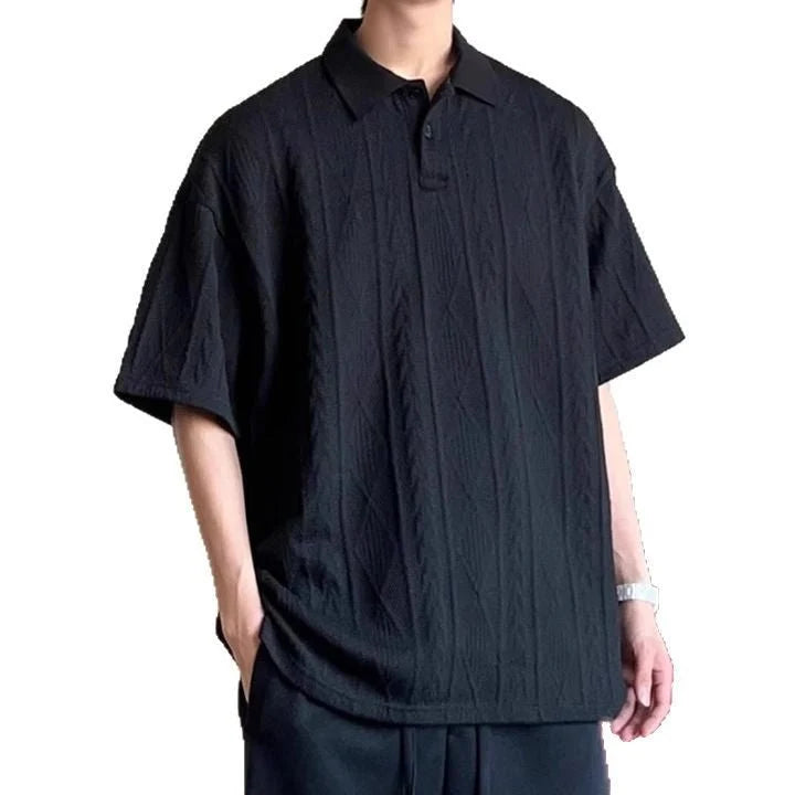 HMYORA Men's Textured Cable-Knit Oversized Polo Shirt