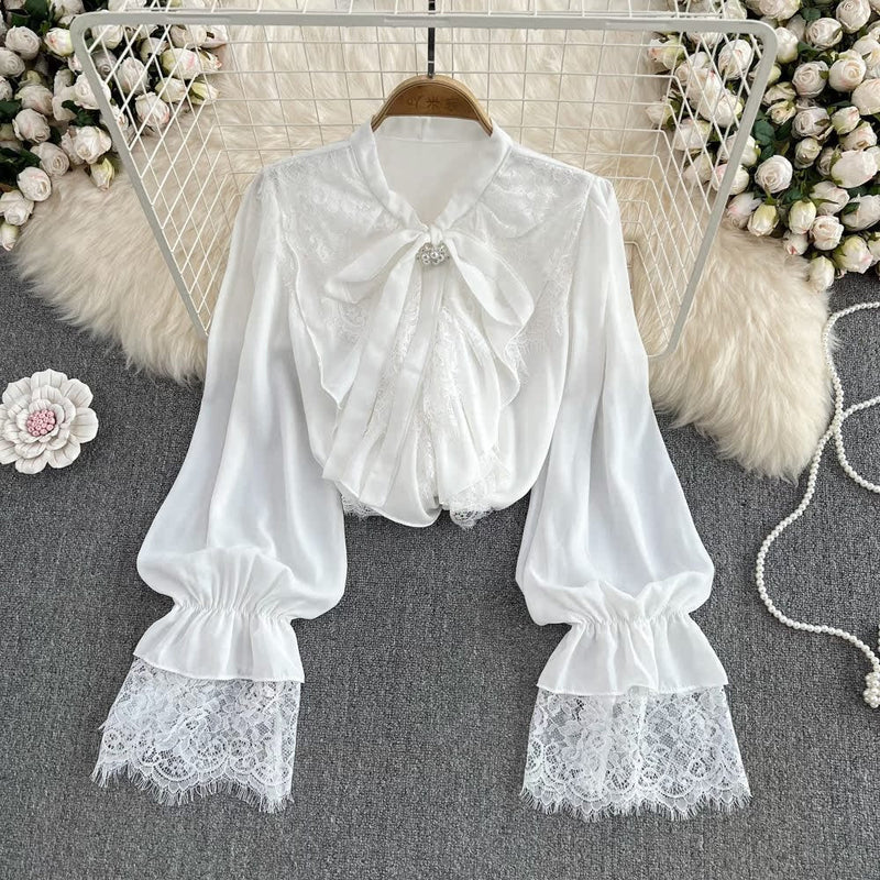 HMYORA Vintage Gothic Lace Ruffled Chiffon Blouse