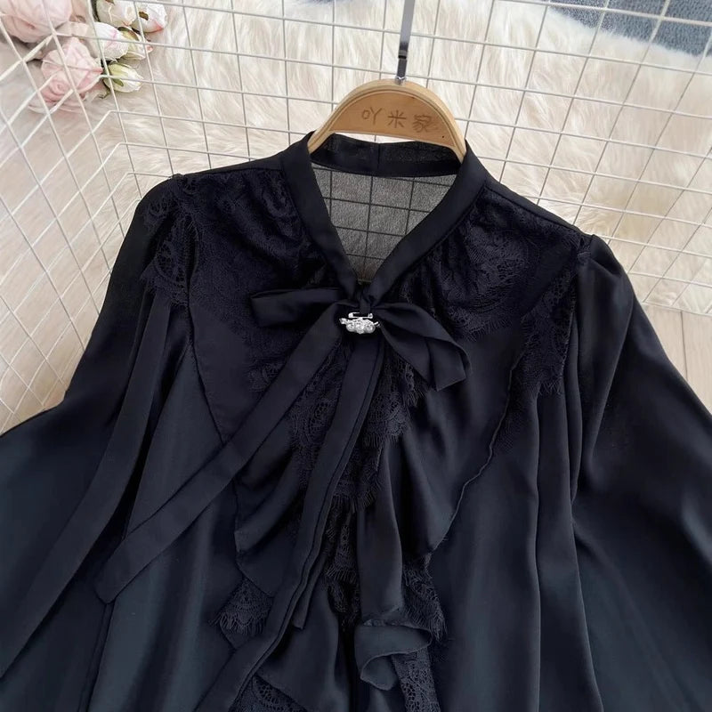 HMYORA Vintage Gothic Lace Ruffled Chiffon Blouse
