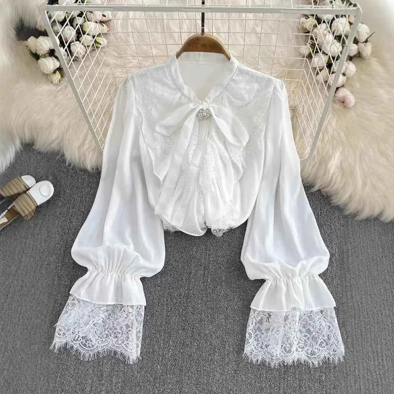 Vintage lace ruffled chiffon blouse for women