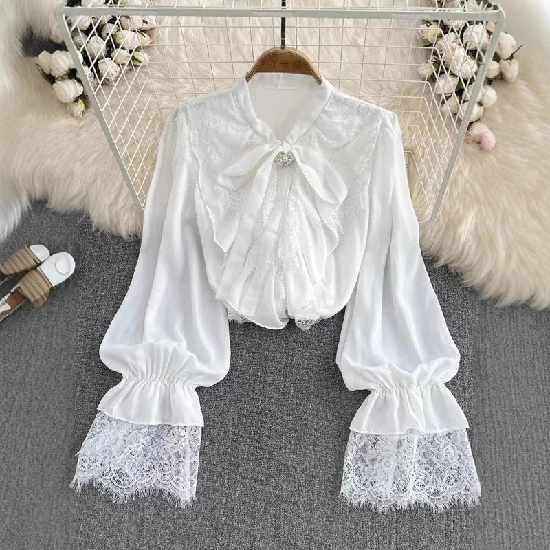HMYORA Vintage Gothic Lace Ruffled Chiffon Blouse