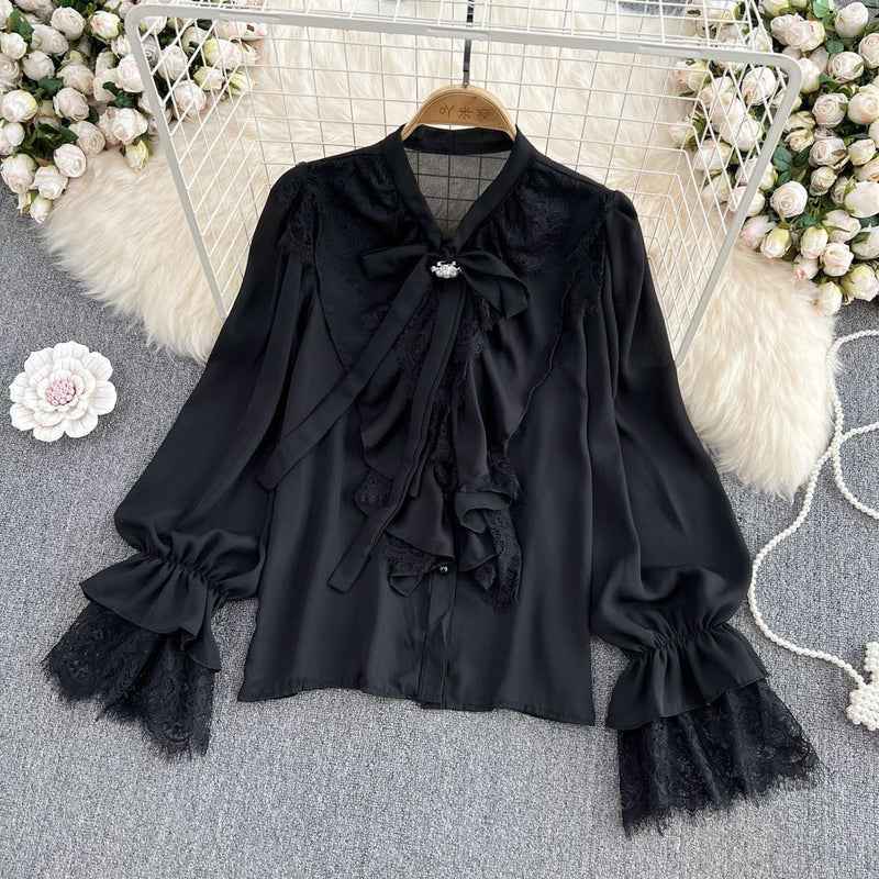Vintage lace ruffled chiffon blouse for women