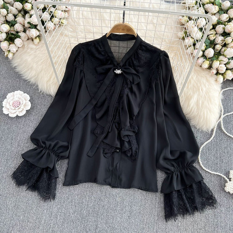 HMYORA Vintage Gothic Lace Ruffled Chiffon Blouse